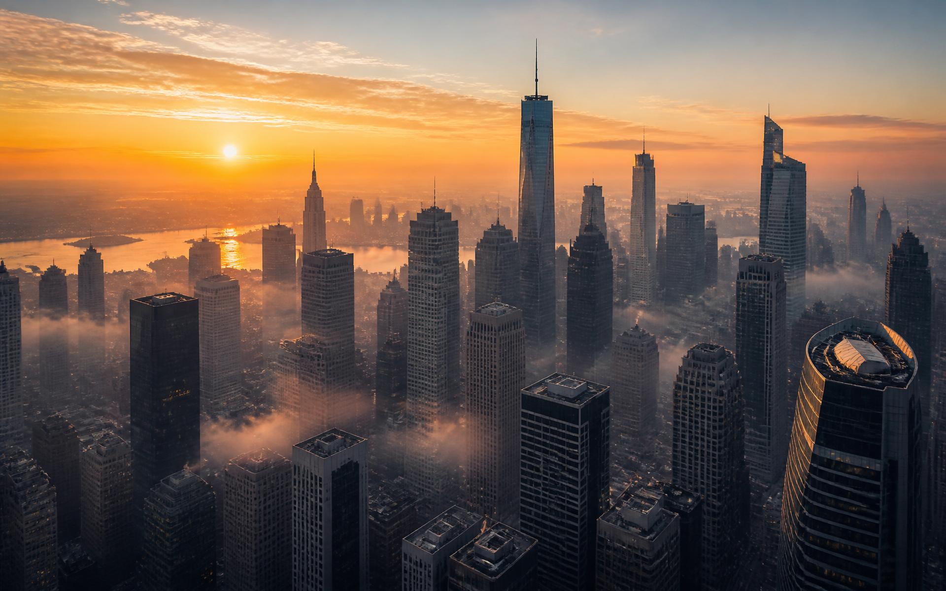 Global financial district skyline at dawn